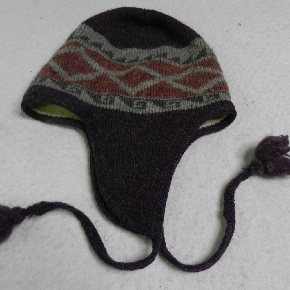 VINTAGE‎ WigWam Wool Hat Beanie Purple Geometric Winter Aztec Fleece Lined